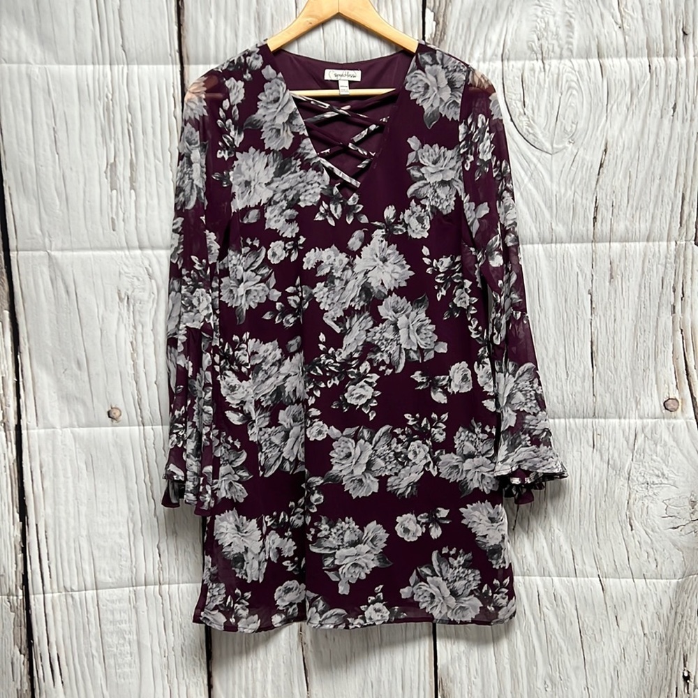 SPEECHLESS Maroon, Black & Gray Floral Bell Sleeve Dress - Medium - Picture 3 of 9